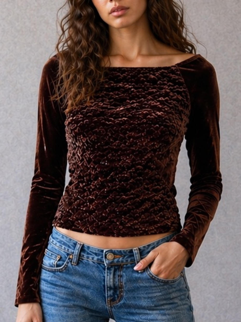 Vintage Bisou Bisou Whimsygoth Brown Crinkle Velvet Boatneck Long Sleeve